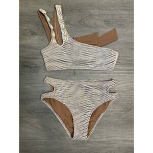 Nessi Byrd Bikini Tan Metallic Mesh Cowrie Shell One Shoulder 2pc Swimsuit 8y